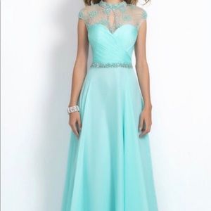 A light blue long dress, worn for pageant/prom.